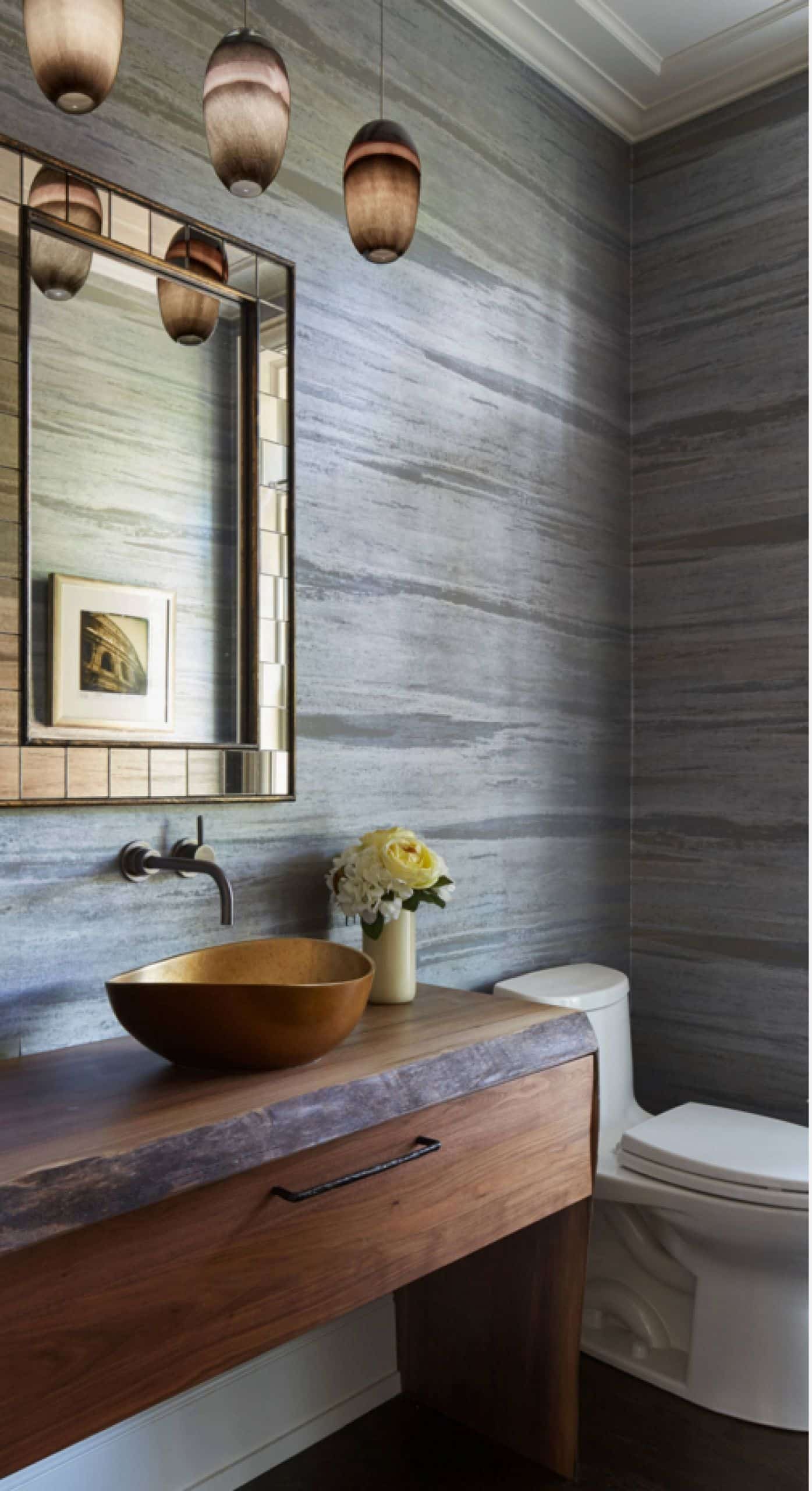 Maya Romanoff Gray Blue Wallpaper In A Powder Room - Gray And Wood Wallpaper Bathroom - HD Wallpaper 