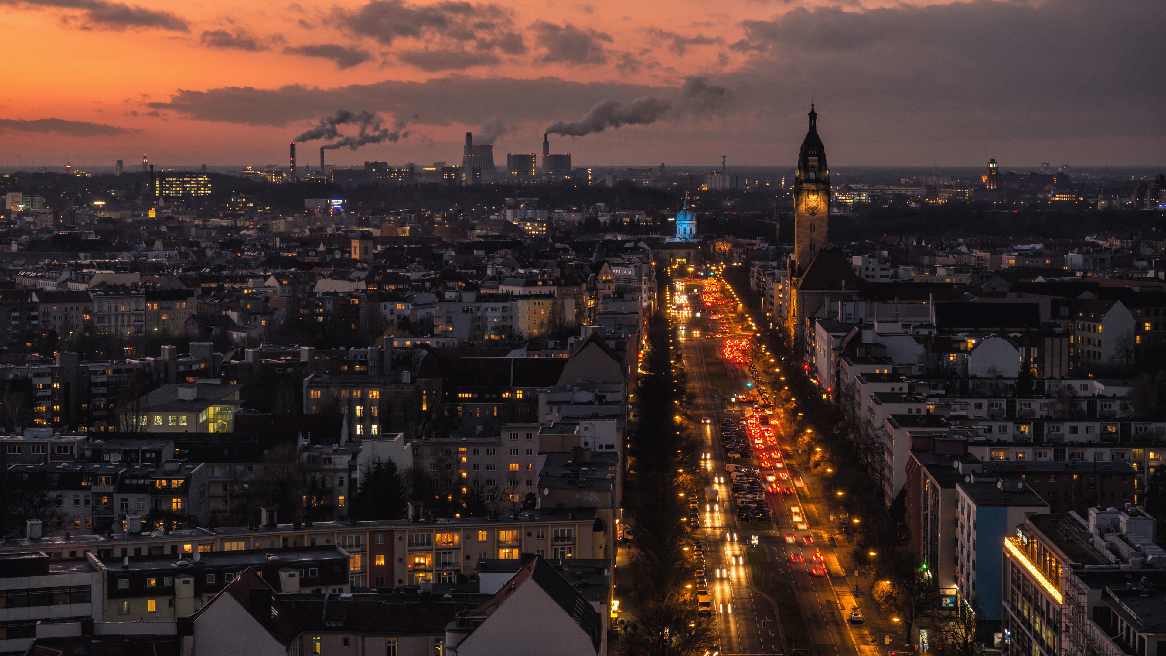 Wallpaper Berlin, Germany, Chimneys, Buildings, Lights, - Germany 4k - HD Wallpaper 