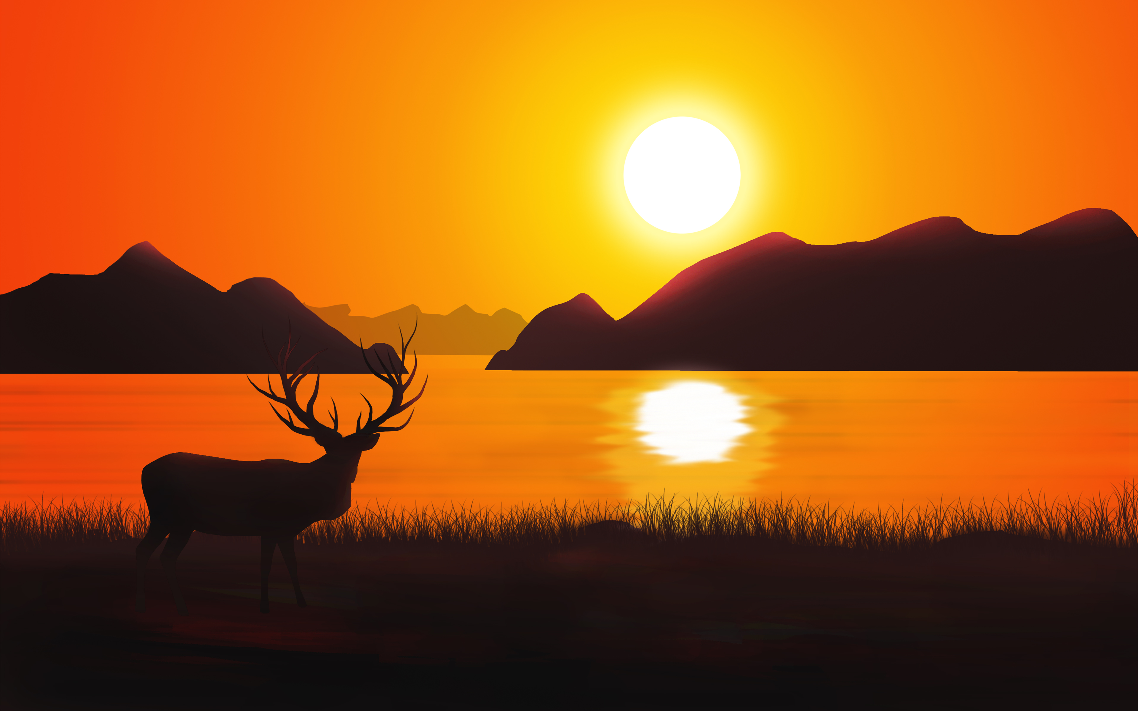 Sunset Deer Silhouette 4k Wallpapers - Nature Landscape Background Design - HD Wallpaper 