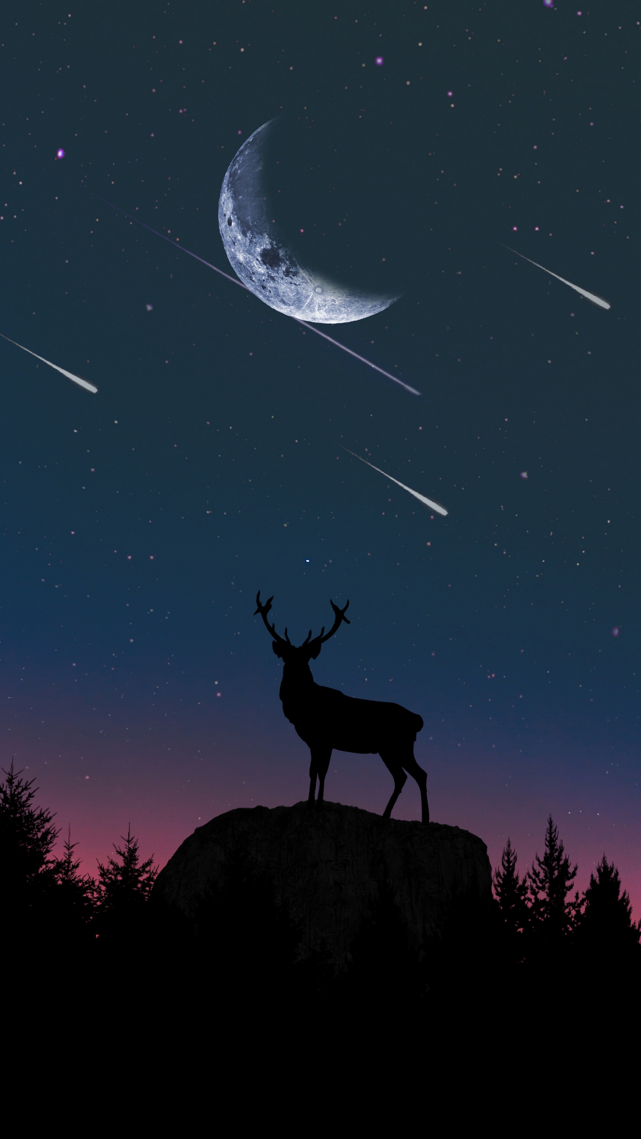 Deer, Moon, Night, Artwork, Wallpaper - Deer Wallpaper Phone - HD Wallpaper 