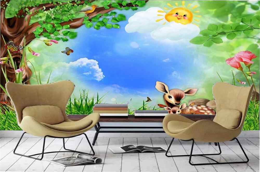 3d Wallpaper Living Room 3d Cartoon Forest Deer Animal - Navy Blue And Silver Wall Art - HD Wallpaper 