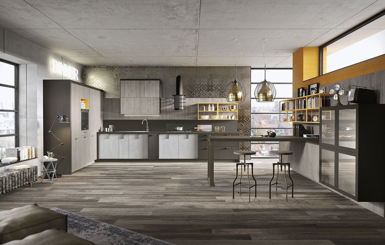 Photo Wallpaper Interior, Kitchen, Design, Kitchen, - Urban Loft Kitchen Design - HD Wallpaper 