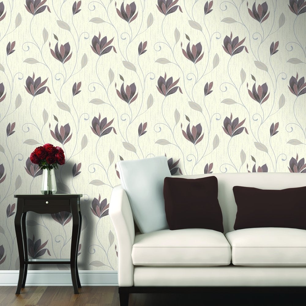 Silver Flowery Wallpaper Living Room - HD Wallpaper 