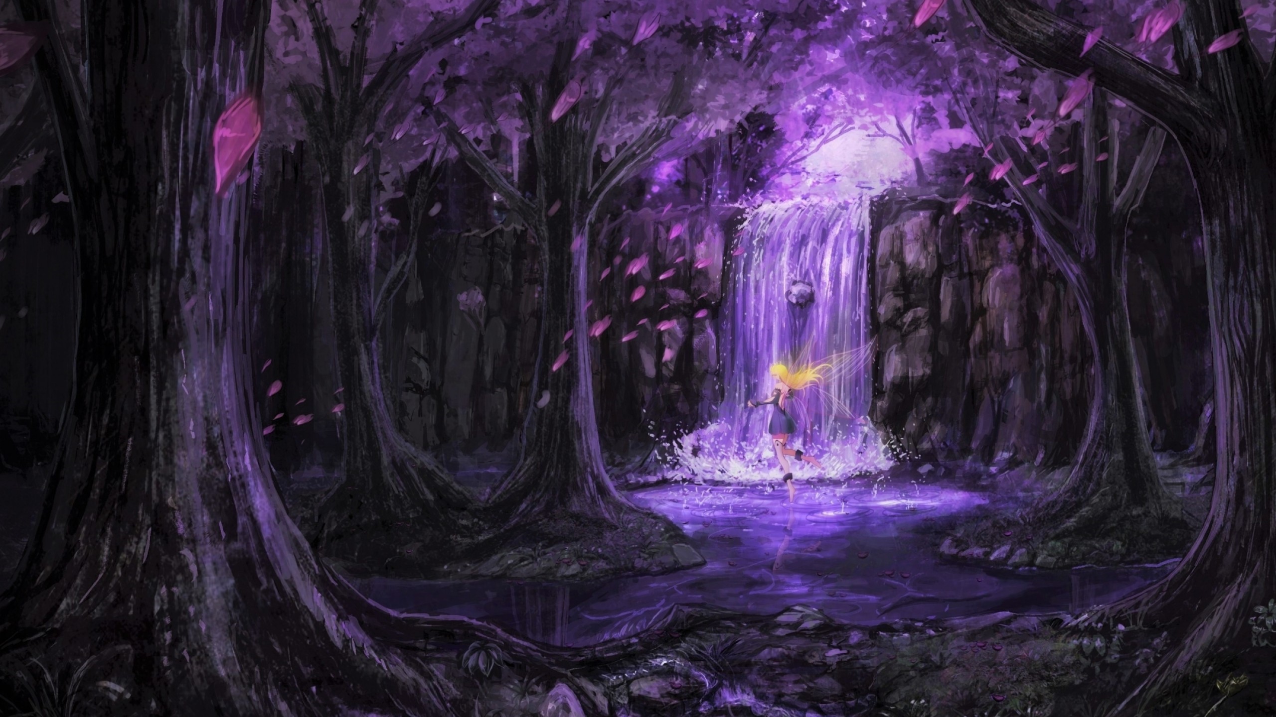 Purple Forest, Scenic, Fairy, Anime Girl, Waterfall, - Magical Enchanted Fairy Forest - HD Wallpaper 