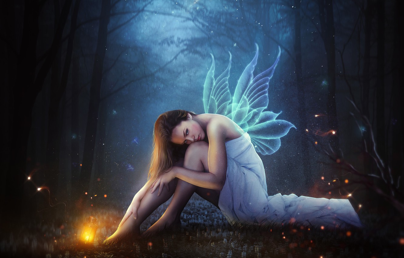 Photo Wallpaper Girl, Forest, Wings, Fairy, Fantasy, - Fantasy Art Sad Fairies - HD Wallpaper 