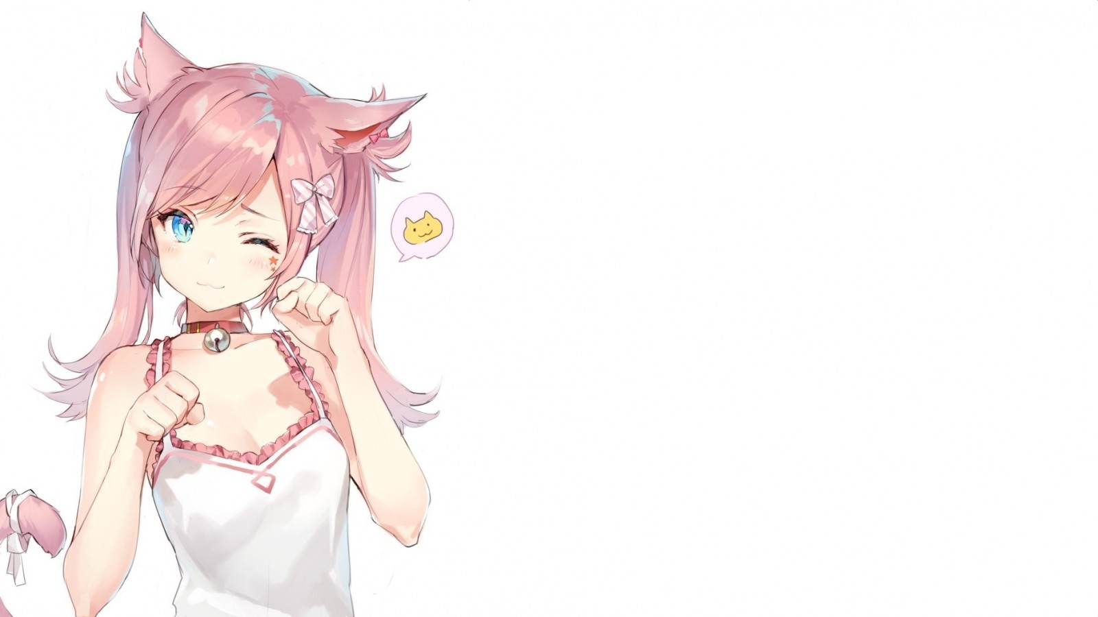 Anime Girl, Pink Hair, Animal Ears, Wink, Cat Girl, - Animé Cute Wink Girl - HD Wallpaper 