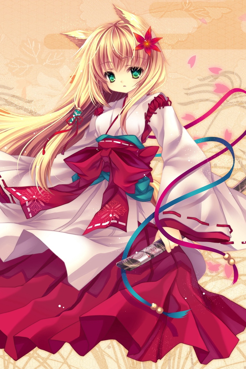 Wallpaper Neko Girls, Girl, Dress, Ears, Katana - Anime Girl Wear Kimono - HD Wallpaper 