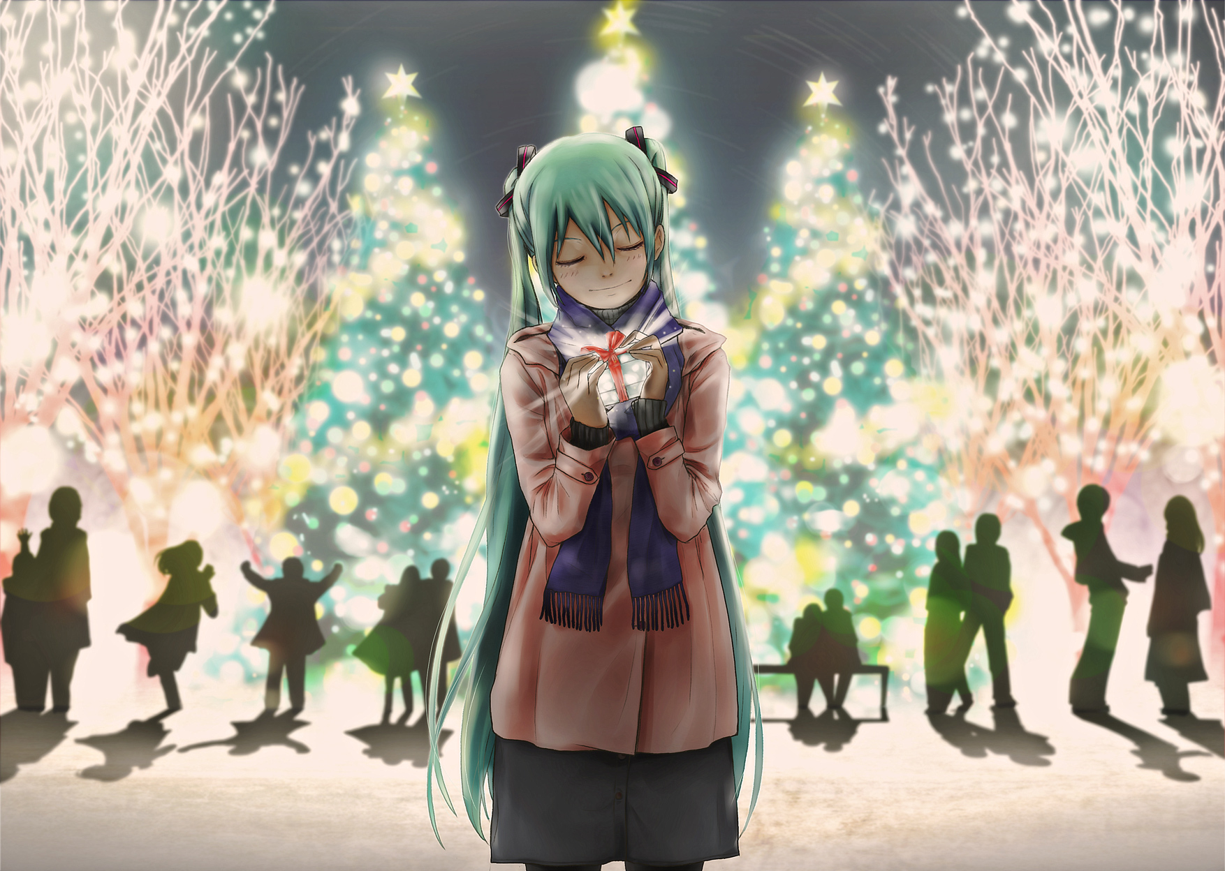 Blue Hair Christmas Hatsune Miku Long Hair Vocaloid - Hatsune Miku Christmas Art - HD Wallpaper 