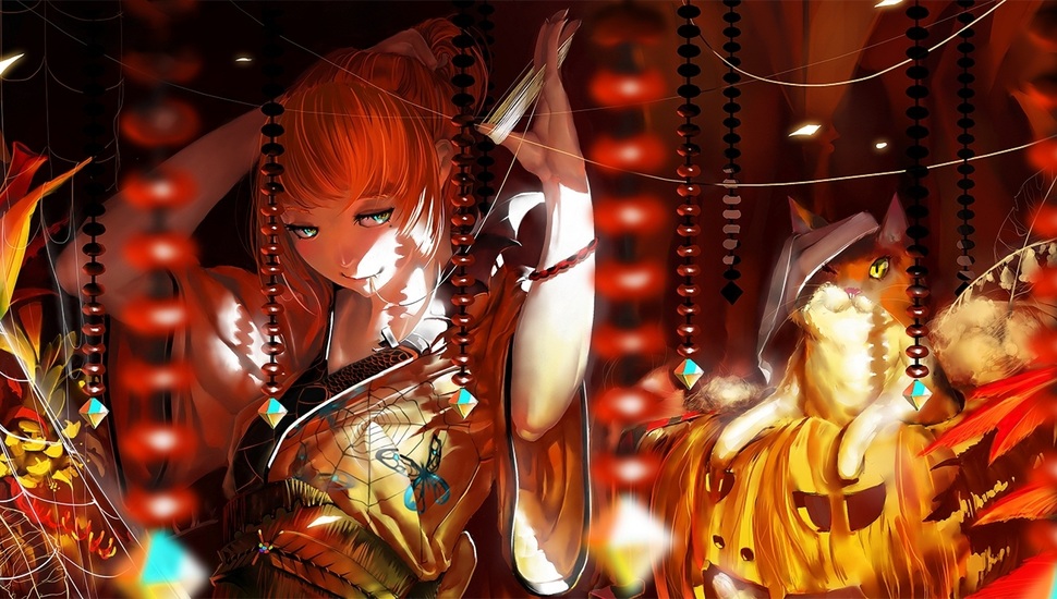 Web, Beads, Art, Halloween, Kimono, Beads, Cat, Girl - Anime Halloween - HD Wallpaper 