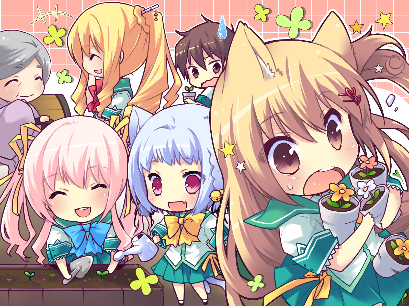 Animal Ears Bell Blonde Hair Bow Brown Hair Catgirl - Anime Girl Chibi Background - HD Wallpaper 