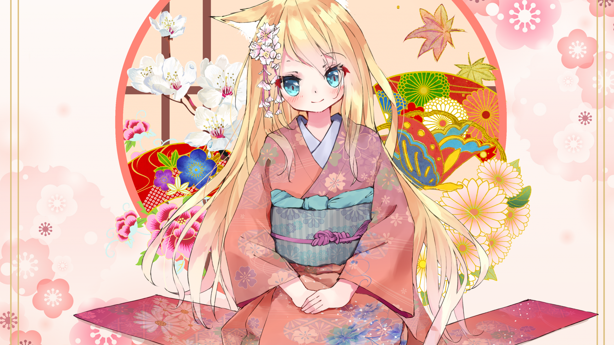 Anime Cat Girl, Nekomimi, Blonde, Kimono, Cute - Anime Cat Girl Blonde Hair - HD Wallpaper 
