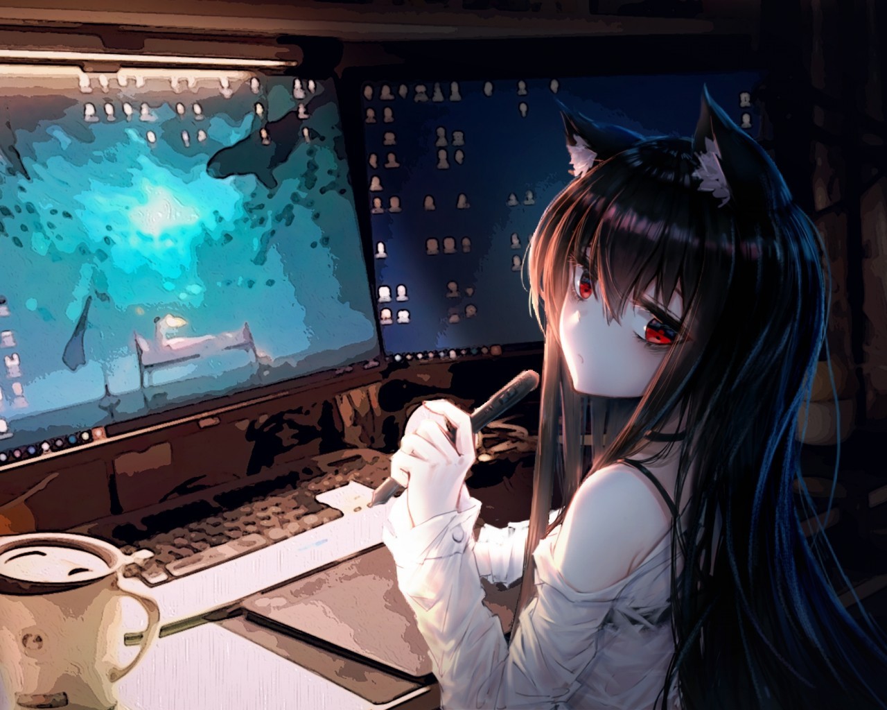 Anime Cat Girl, Room, Computer, Animal Ears, Coffee, - Anime Gamer Girl Computer - HD Wallpaper 