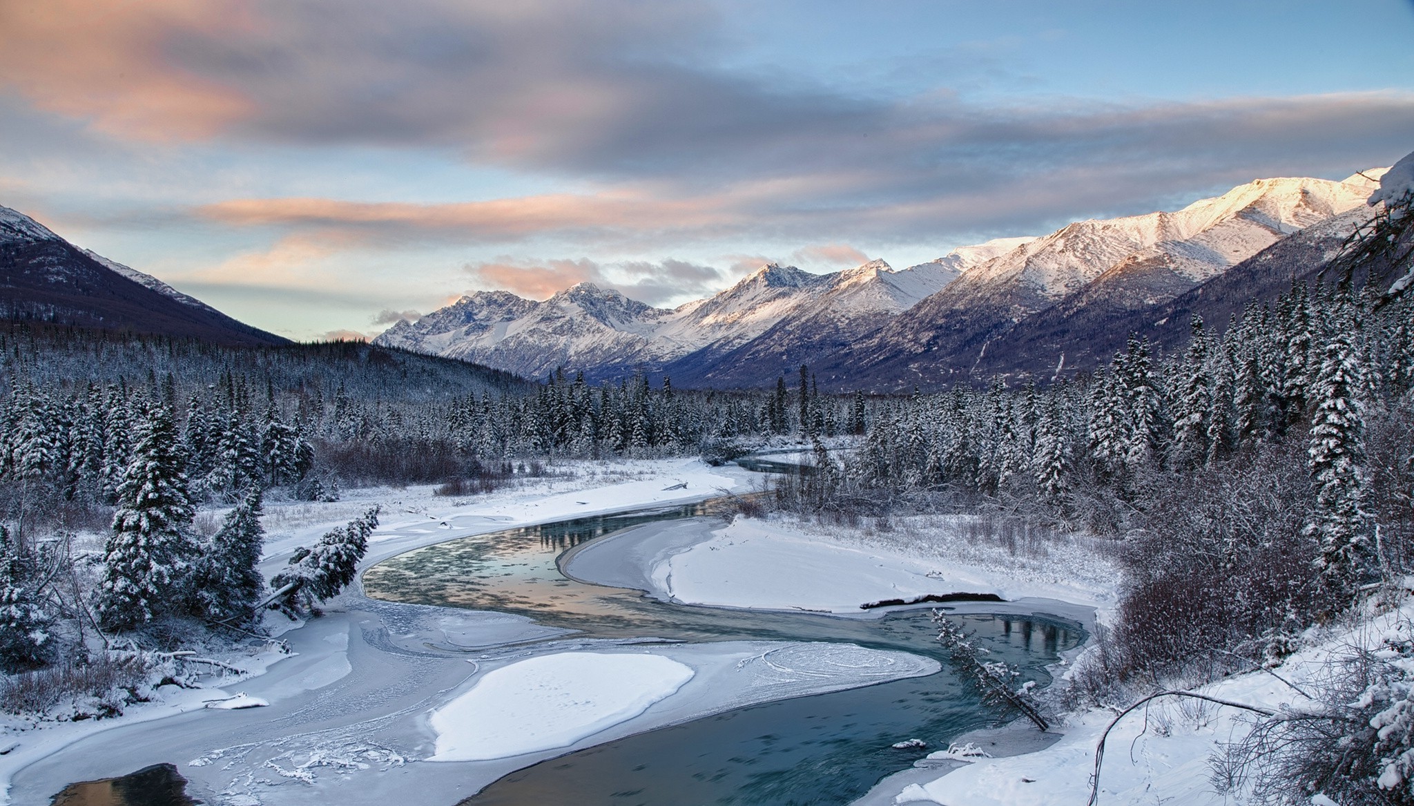 Nature, Landscape, River, Snow, Winter, Mountain, Forest, - Alaska Landscape Hd - HD Wallpaper 