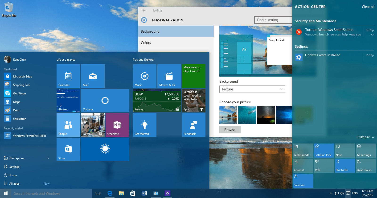Desktop With Start Menu Taskbar Action Center In Color - Windows 10 X64 Redstone 4 12in1 Esd - HD Wallpaper 