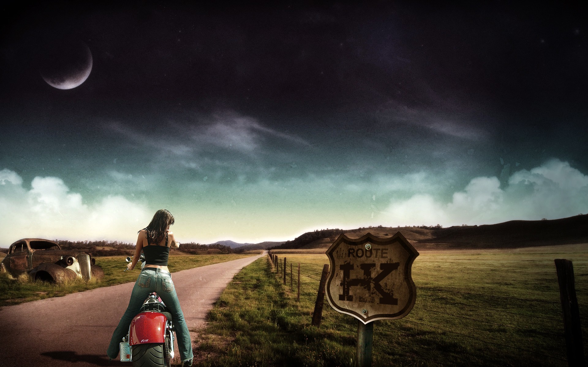 Motorcycle Girl Jeans Wallpaper - Route 66 Muscle Cars - HD Wallpaper 
