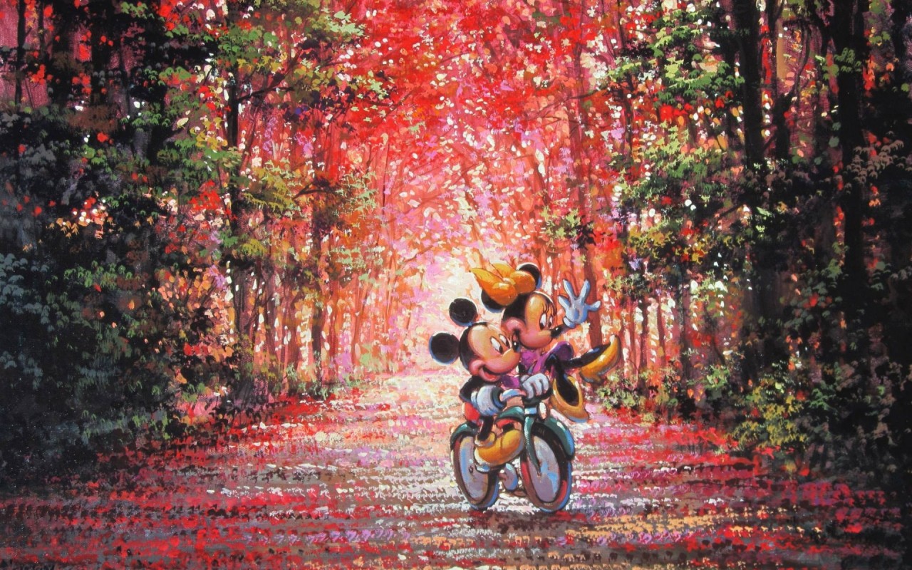 Bike Ride In Autumn Wallpapers - Mickey And Minnie Autumn - HD Wallpaper 