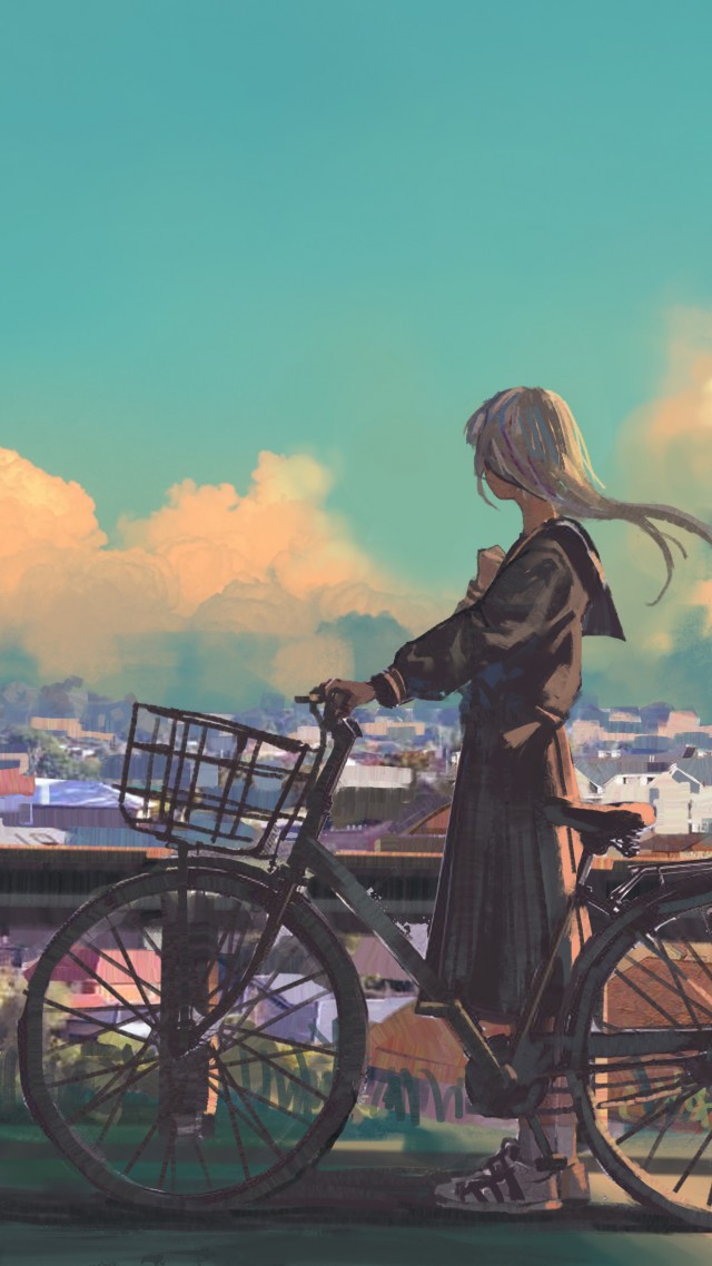 Girl, Bicycle, City, 4k - Art Wallpapers For Phone - HD Wallpaper 