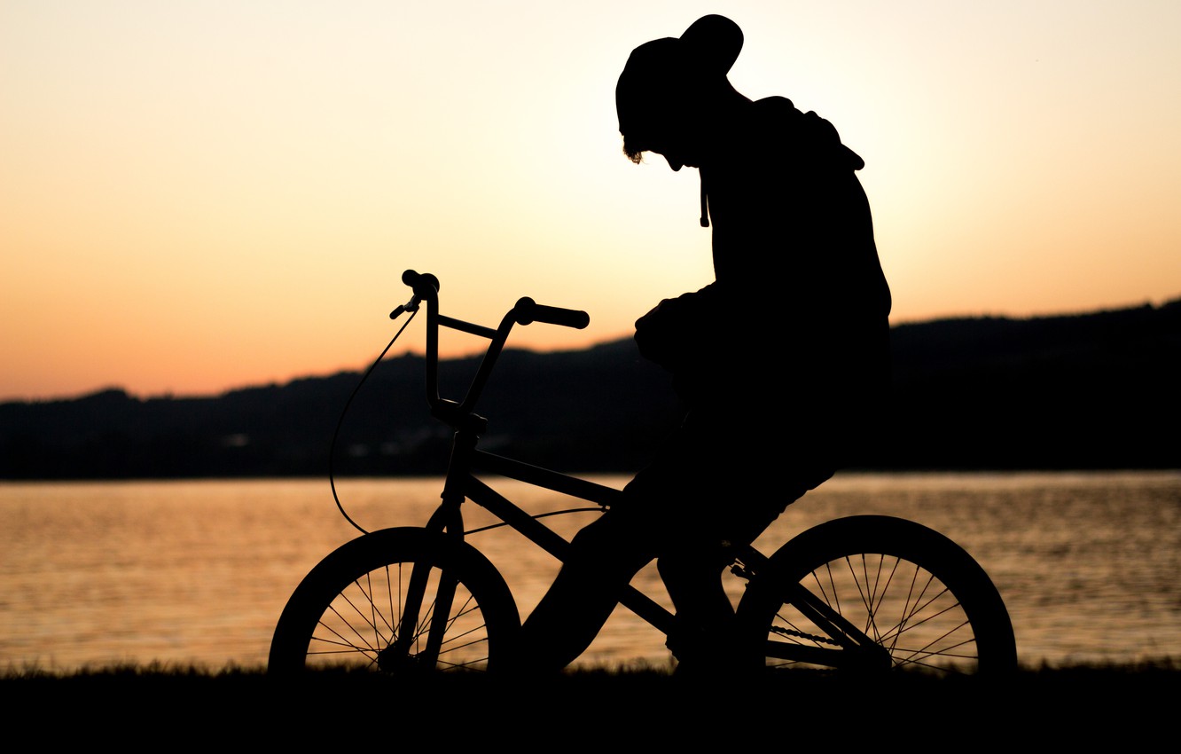 Photo Wallpaper Sunset, Bike, Lake, Loneliness, Silhouette, - Bmx Картинки На Рабочий Стол - HD Wallpaper 