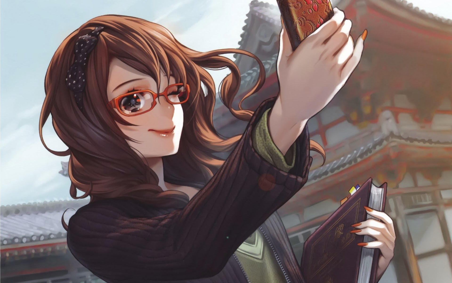 Selfie Wallpaper - Curly Hair Glasses Anime Girl - HD Wallpaper 