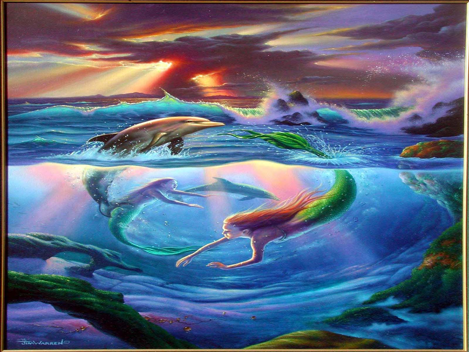 Dolphins And Mermaids - Jim Warren - HD Wallpaper 