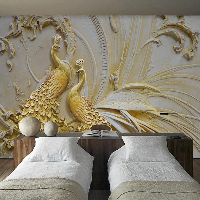Gold Peacock Wall Design - HD Wallpaper 