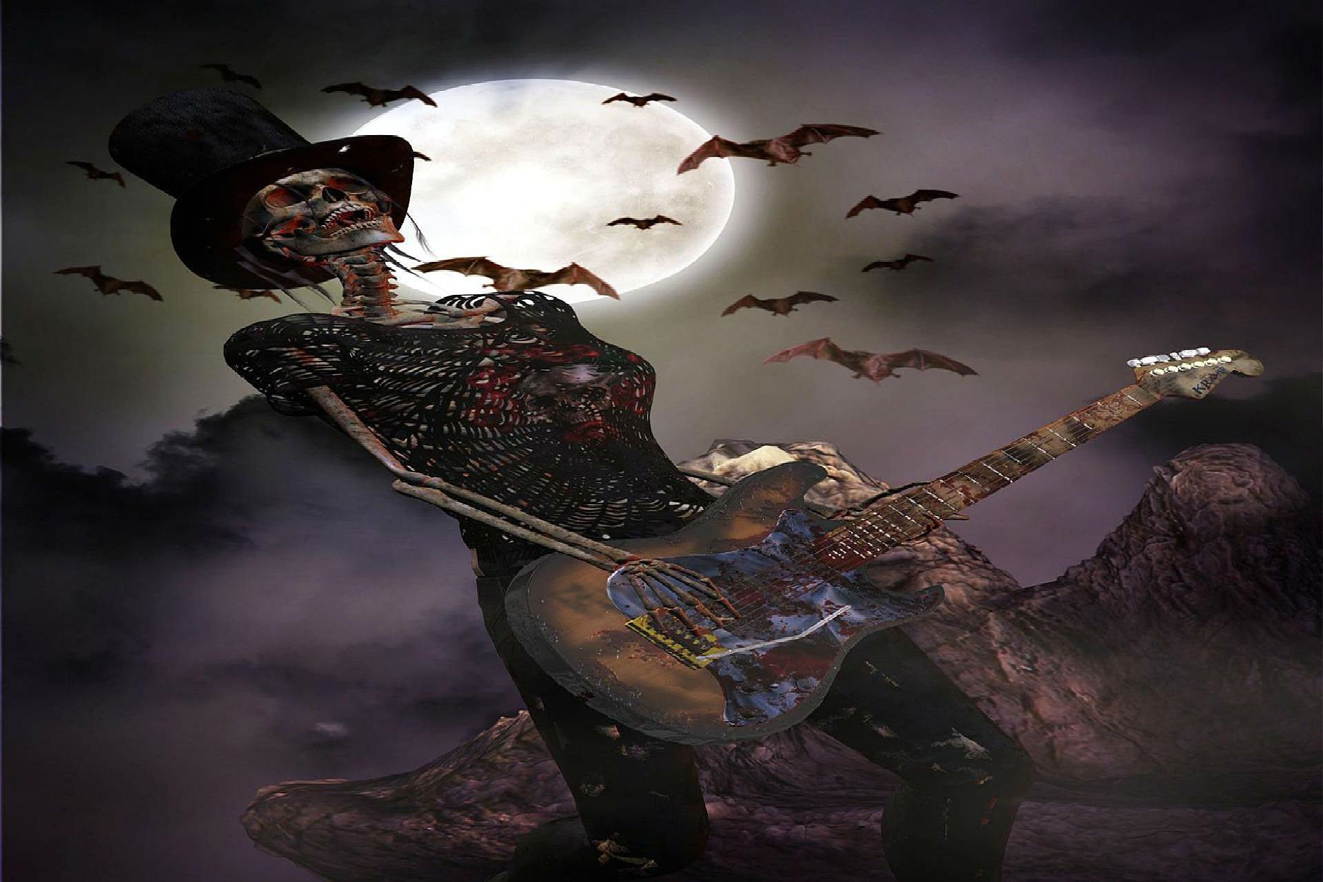 Skull With Guitar - HD Wallpaper 