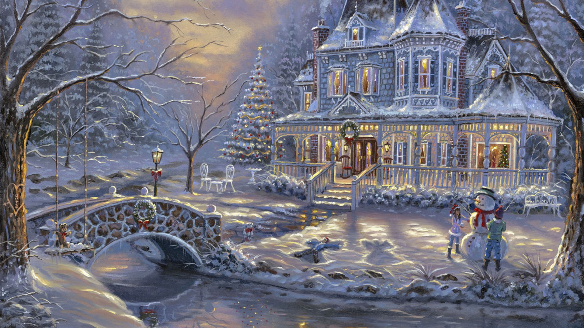 Christmas Village Scene Wallpapers Happy Holidays - Winter Christmas Scene Paintings - HD Wallpaper 