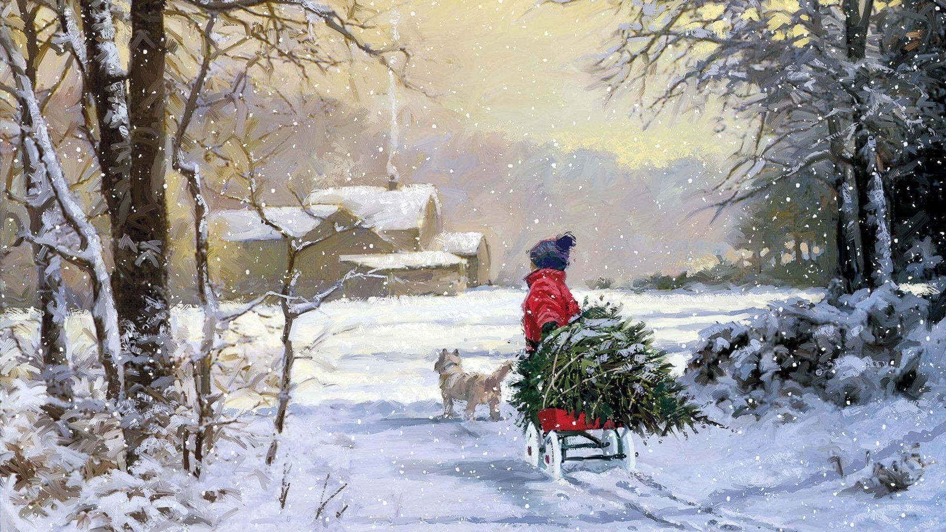 Preparing For Christmas Wallpaper Hd Desktop 1920x1080px - Winter Painting - HD Wallpaper 