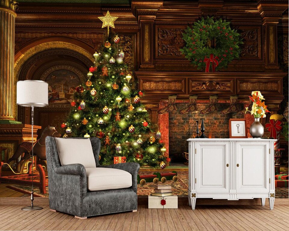 Traditional Christmas Fireplace Scene - HD Wallpaper 