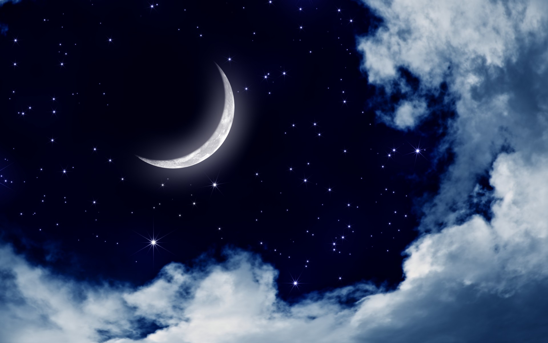 Night Sky Crescent Moon And Stars - HD Wallpaper 