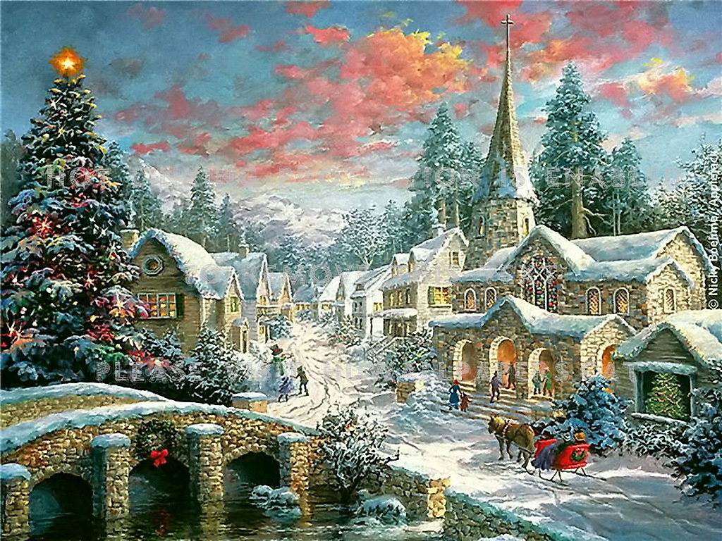 Old Country Christmas Sleigh Tree Bridge 3d - Thomas Kinkade Heaven On Earth - HD Wallpaper 