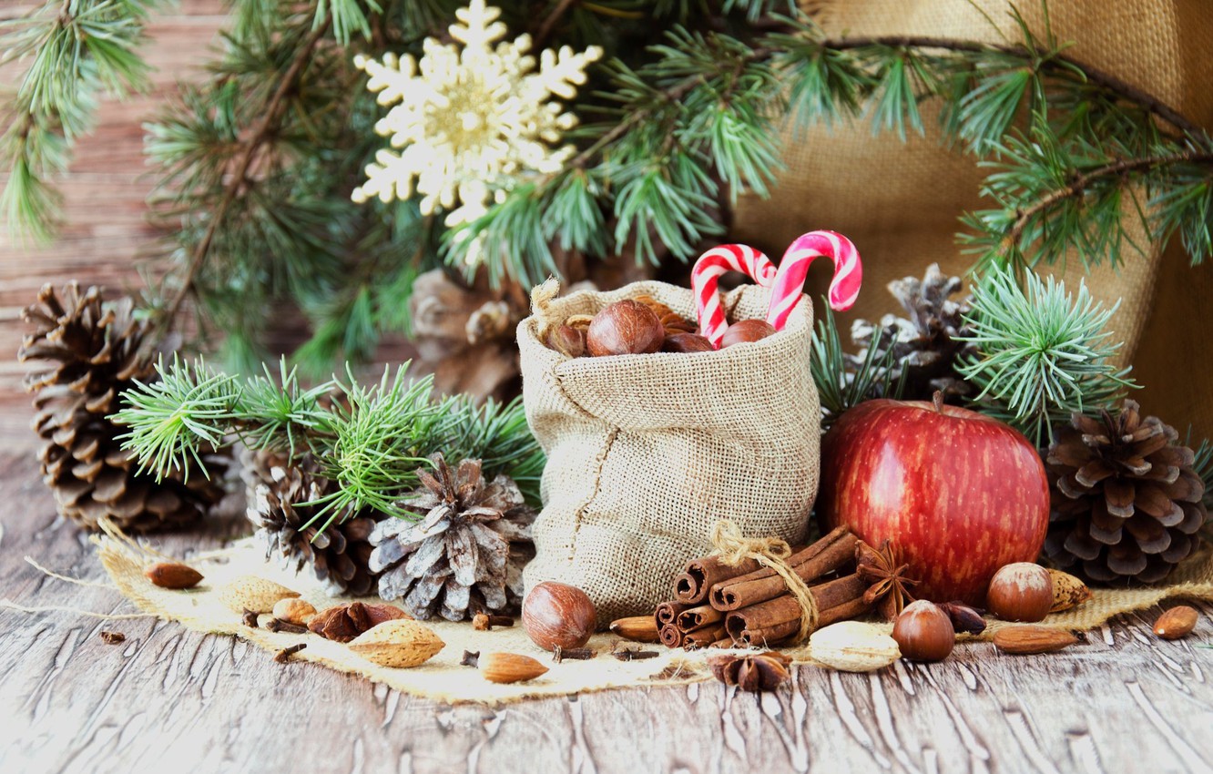 Photo Wallpaper Branches, Holiday, New Year, Apple, - Рождество Орехи - HD Wallpaper 