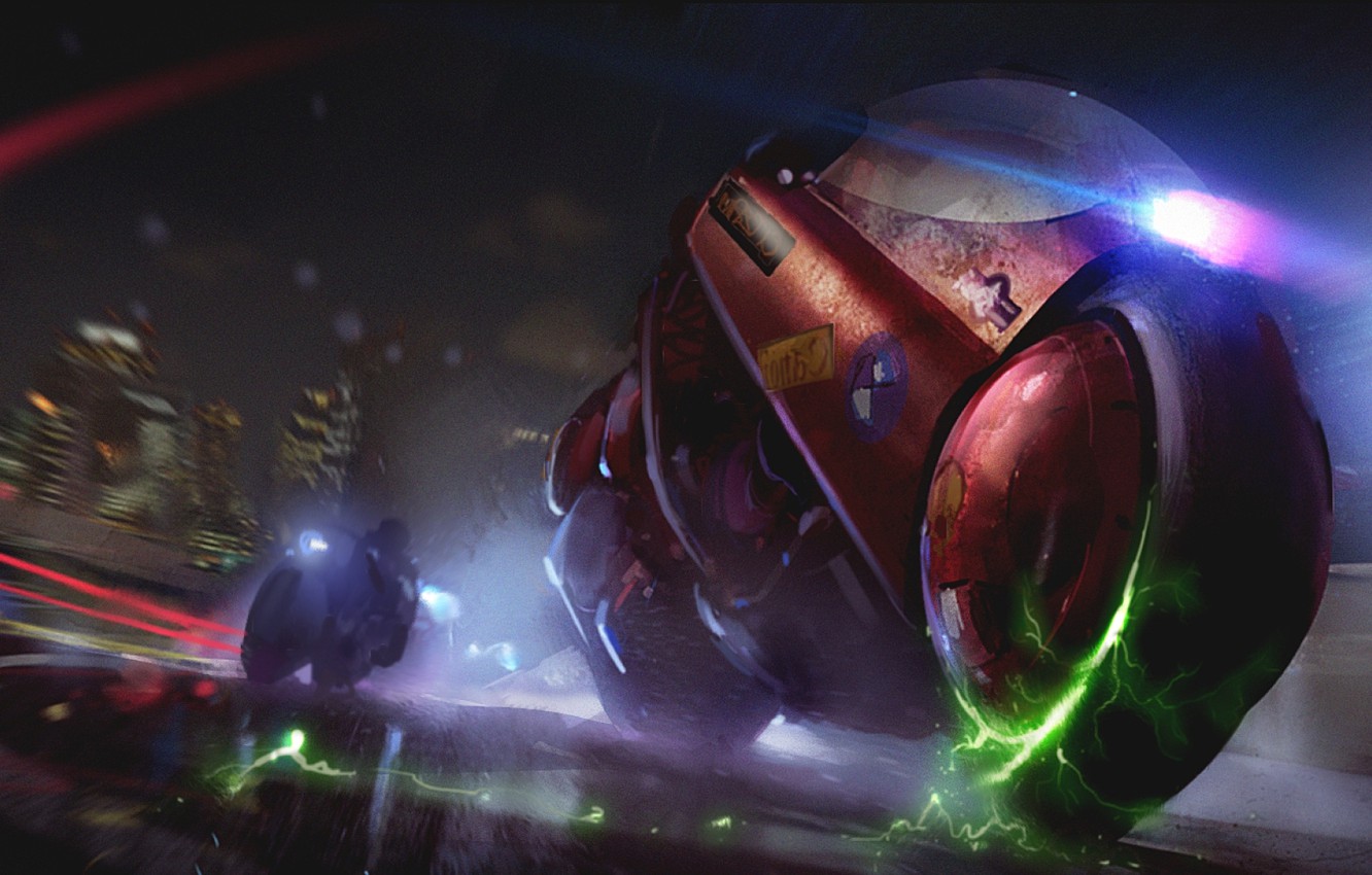 Photo Wallpaper Future, Fiction, Race, Building, Chase, - Cyberpunk Akira Bike - HD Wallpaper 