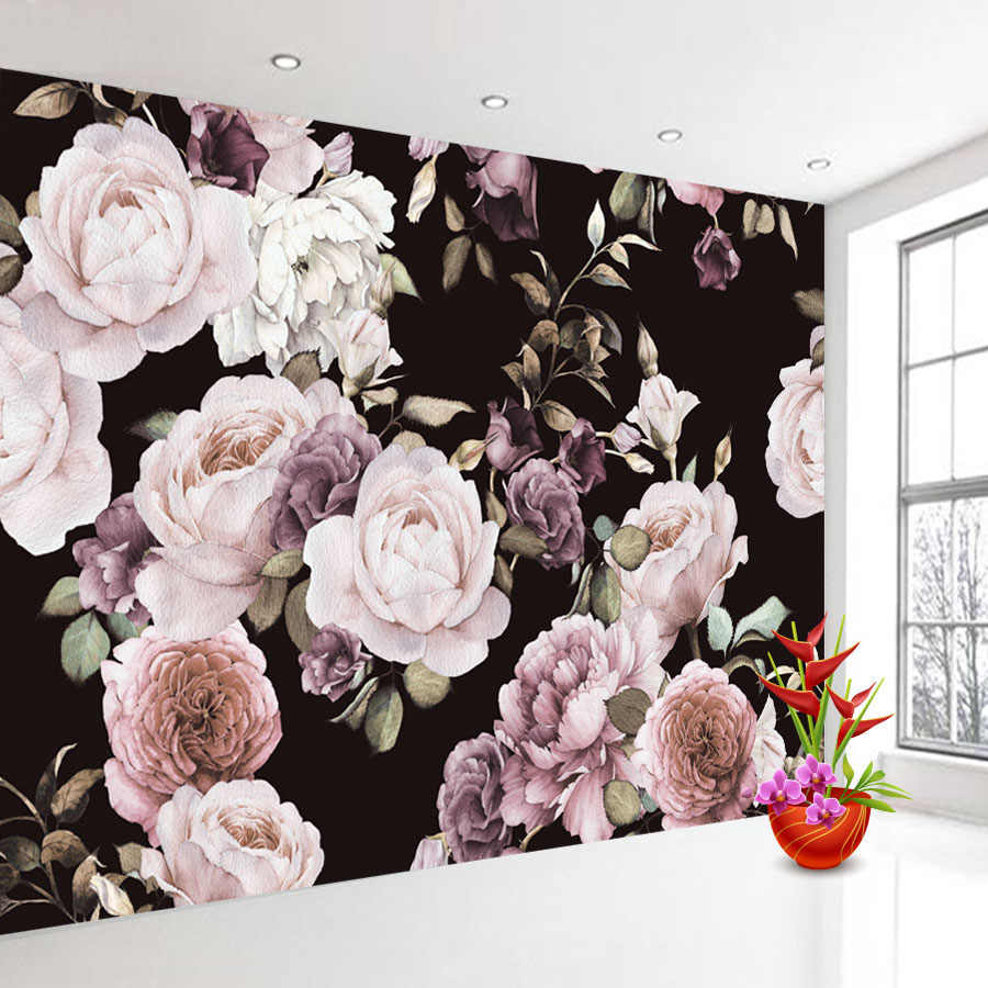 Custom 3d Photo Wallpaper Mural Hand Painted Black - Black And Pink Peony - HD Wallpaper 