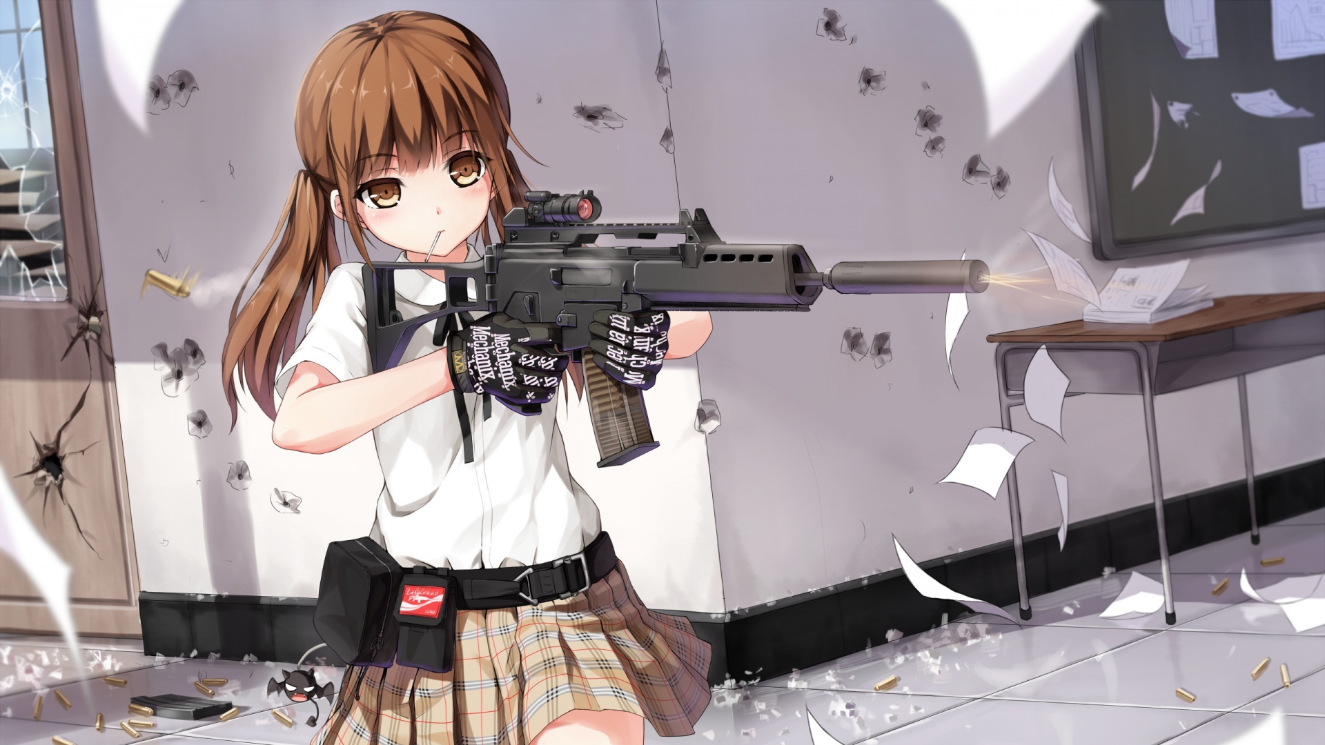 Wallpaper Girls With Guns Shot Schoolgirl Brown Hair - Anime School Girl With Gun - HD Wallpaper 