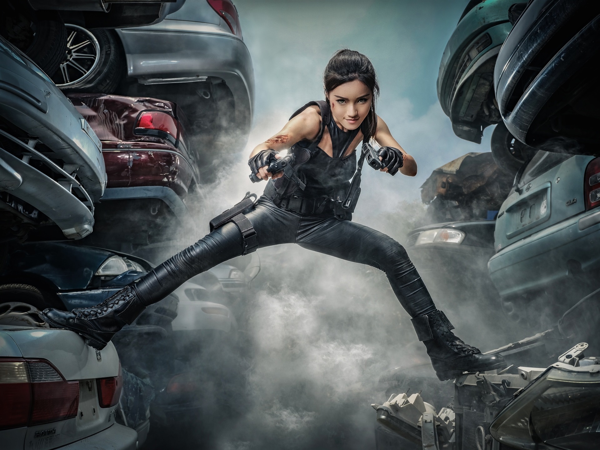 Wallpaper Asian Girl, Guns, Pose, Smoke, Cars - Asian Girl Action Movie - HD Wallpaper 