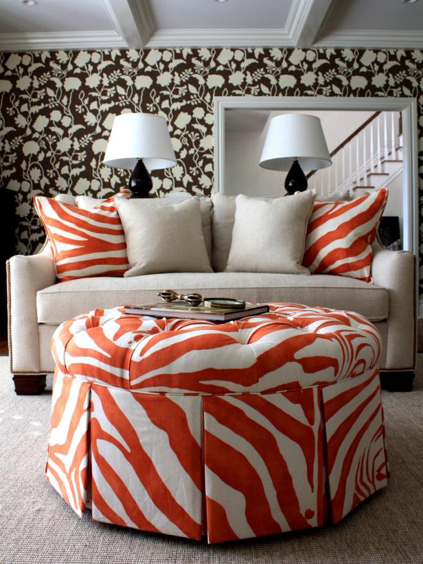 Contemporary Living Room With Zebra Ottoman - Decorating With Orange & Red - HD Wallpaper 
