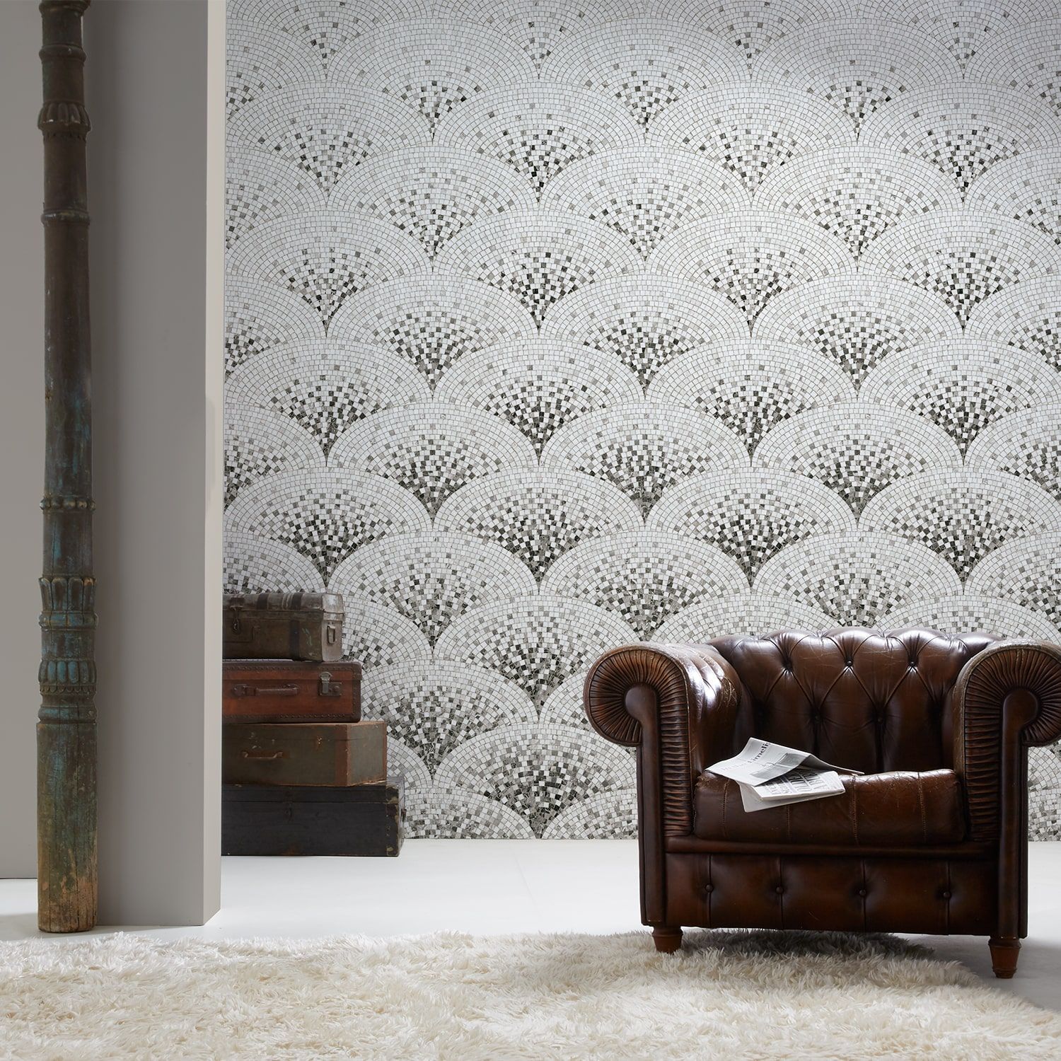 Black Art Deco Mosaic Wallpaper - Trompe L Oeil Interior Design - HD Wallpaper 