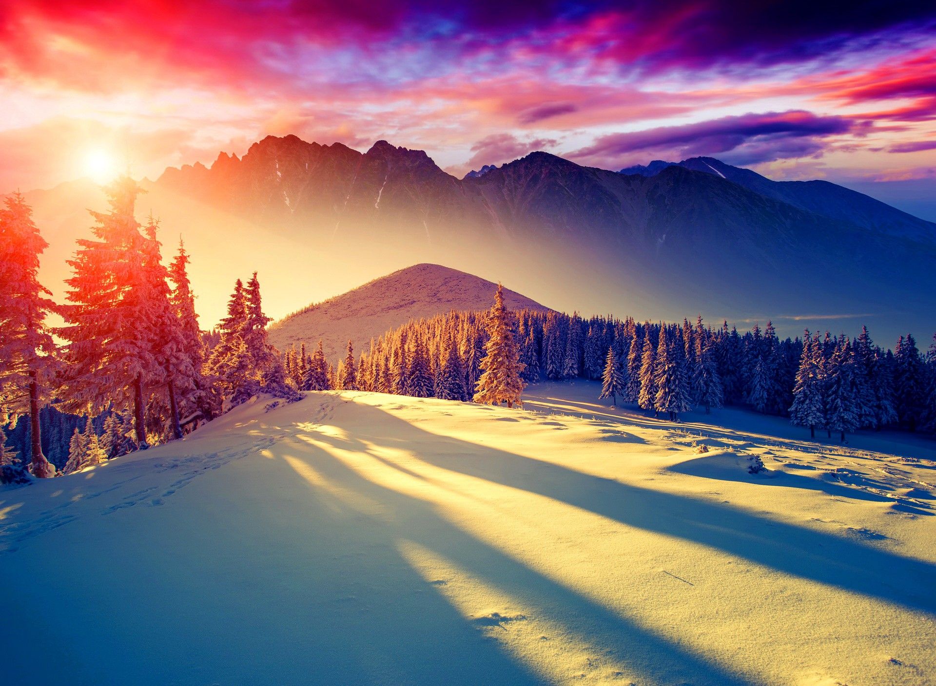 Sunset Beautiful Snowy Mountains - HD Wallpaper 