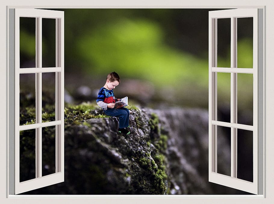 Boy Reading Book, Digital, Wallpaper, Kids, Child, - Moon Through Open Door - HD Wallpaper 