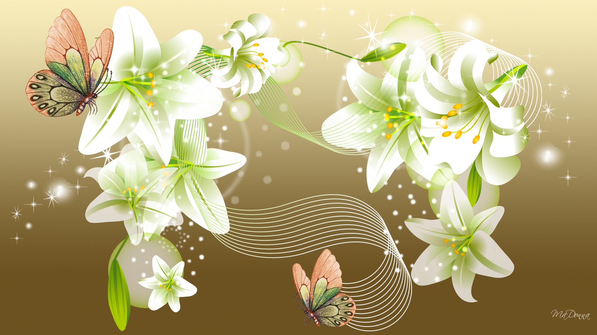Lilies With Butterflies Background - HD Wallpaper 