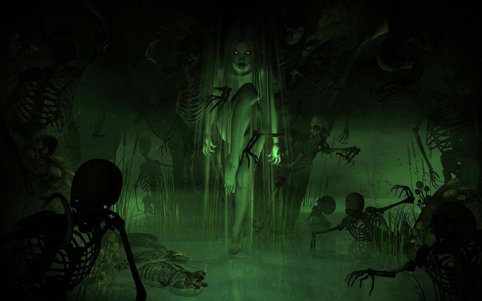 Hd Dark Horror Evil Women Girl Swamp Demon Skeleton - Fantasy Swamp Witch - HD Wallpaper 