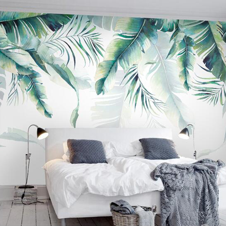Livingroom Green Tropical Palm Banana Leaf Wall Tv - Palm Tree Wallpaper Bedroom - HD Wallpaper 