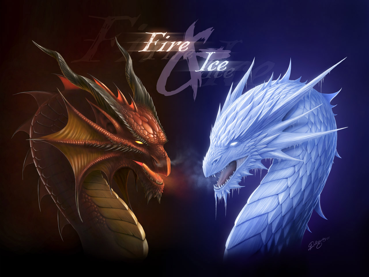 Fire And Ice Dragons Fighting - HD Wallpaper 