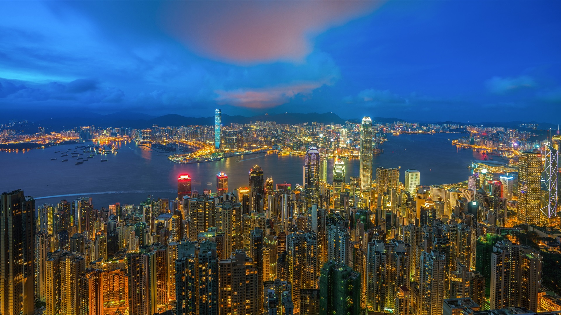 Wallpaper City Night View, Hong Kong, Skyscrapers, - Hong Kong Night Vue -  1920x1080 Wallpaper 