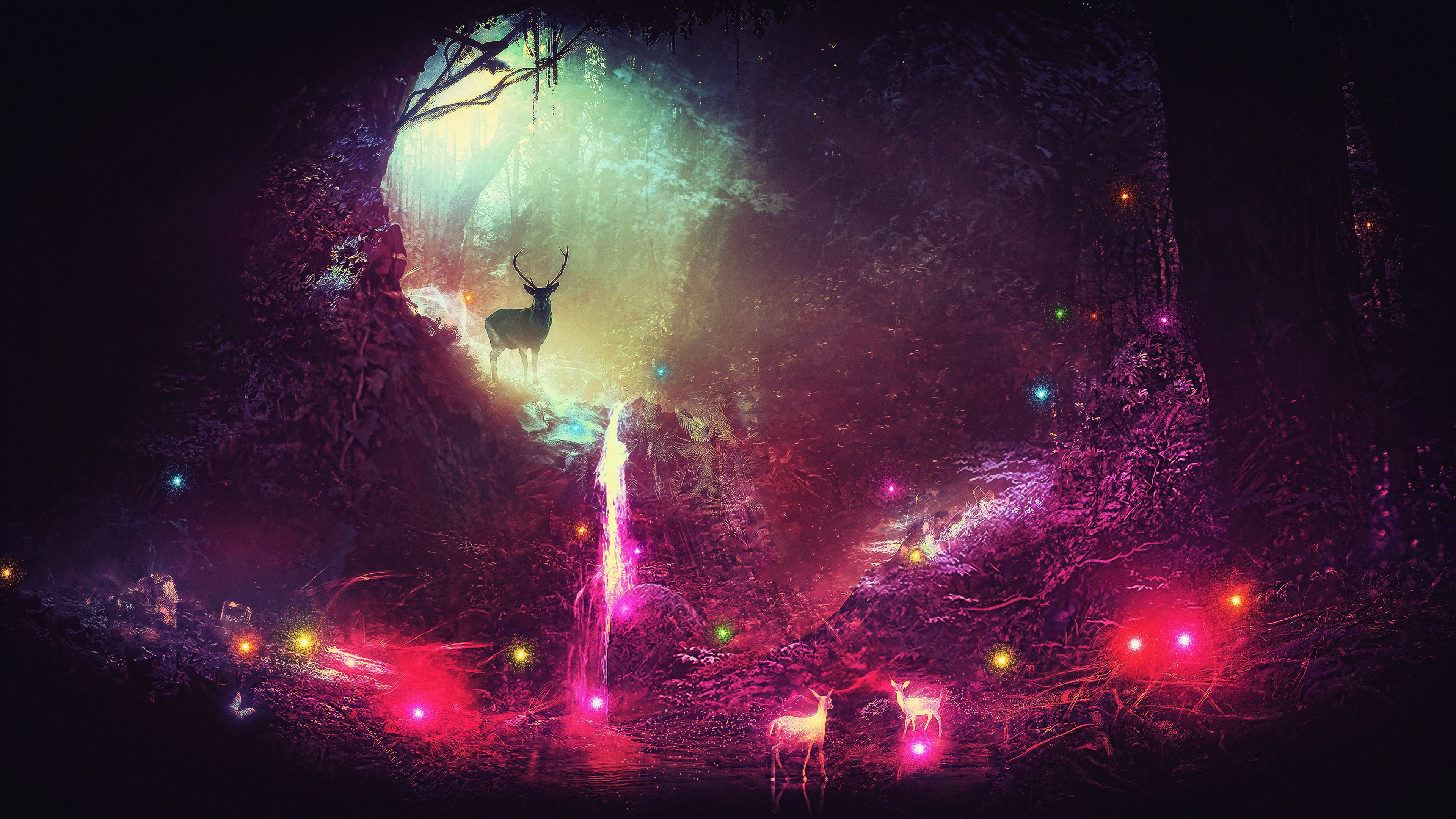 Fantasy Digital Art, Deers, Forest, Shiny Colors - HD Wallpaper 
