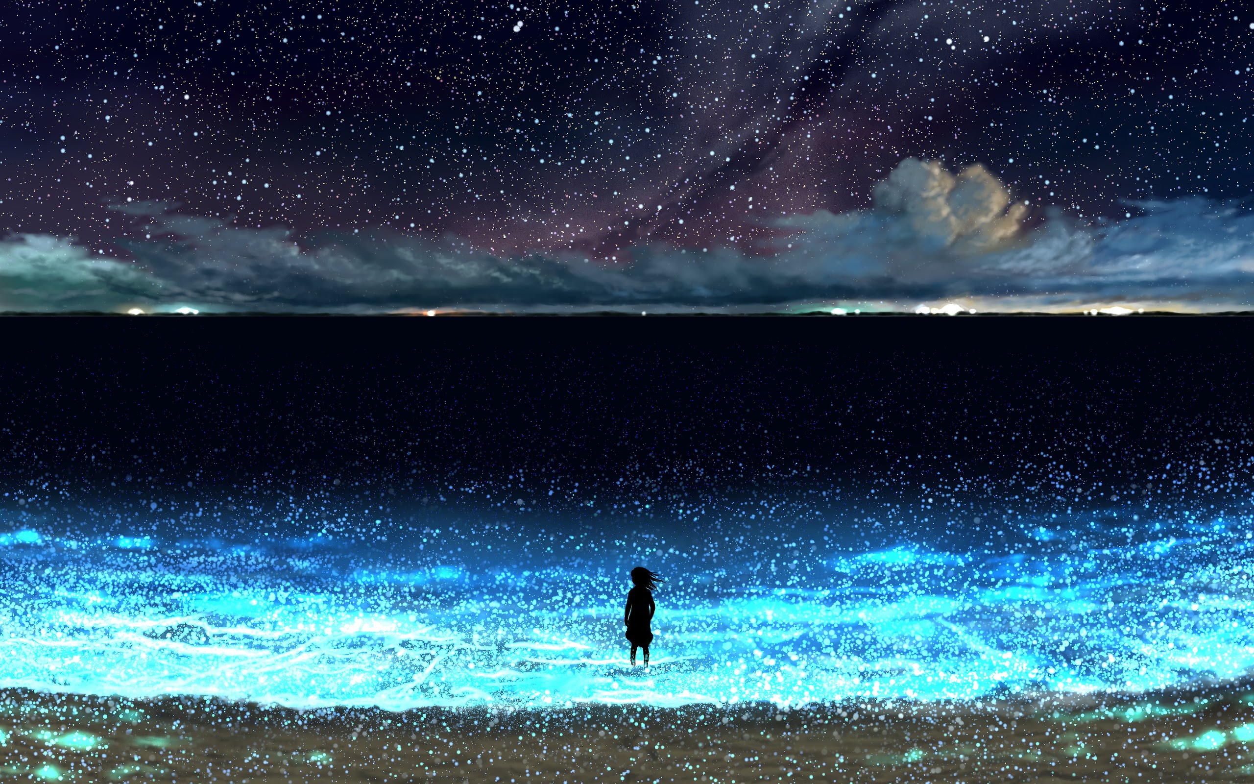 Anime, Night, Sky, Stars, Beach, Scenery, 4k, - Anime Beach Night - HD Wallpaper 