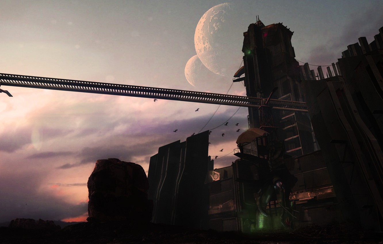 Photo Wallpaper Birds, Planet, Tower, Construction, - Moon - HD Wallpaper 