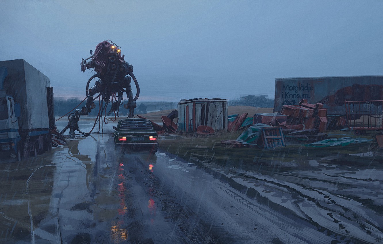 Photo Wallpaper Road, Rain, Car, Bio North - Simon Stålenhag Generation Zero - HD Wallpaper 