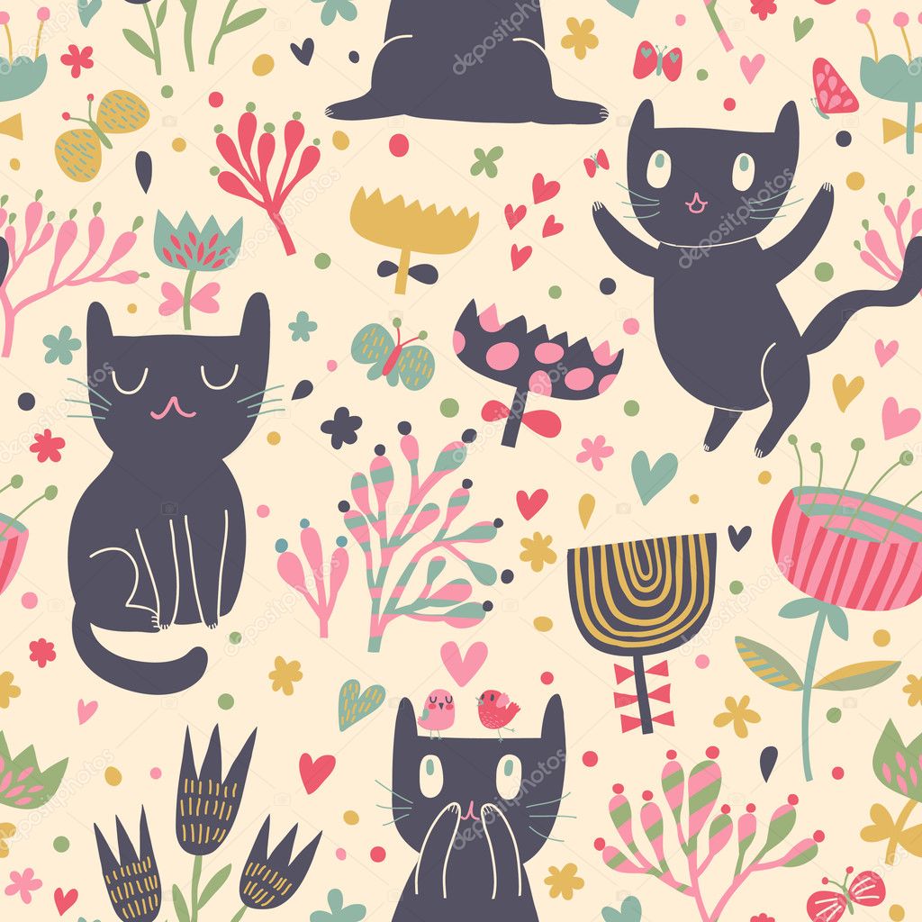 Cat Pattern Background Flower - HD Wallpaper 